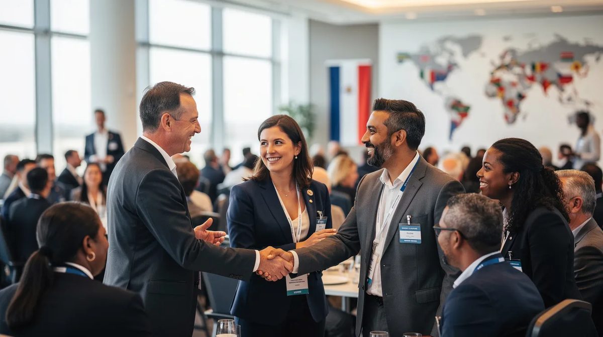 Global Information Network members from around the world meeting at an international networking event