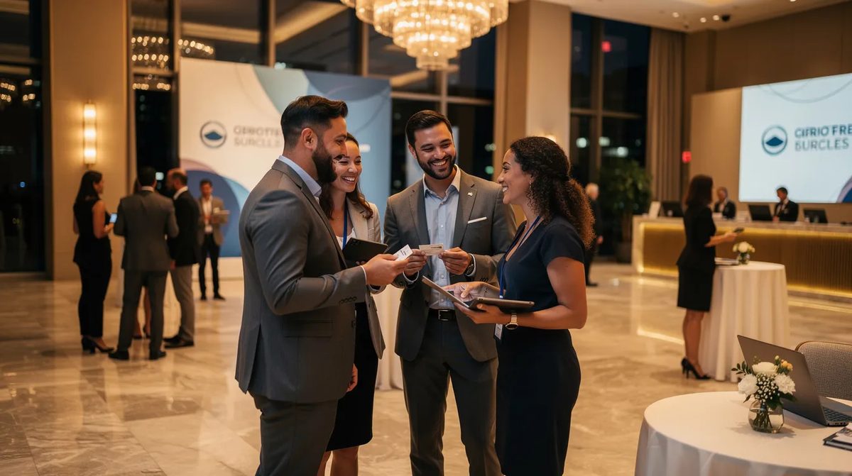 Global Information Network members exchanging knowledge and building connections at an upscale conference