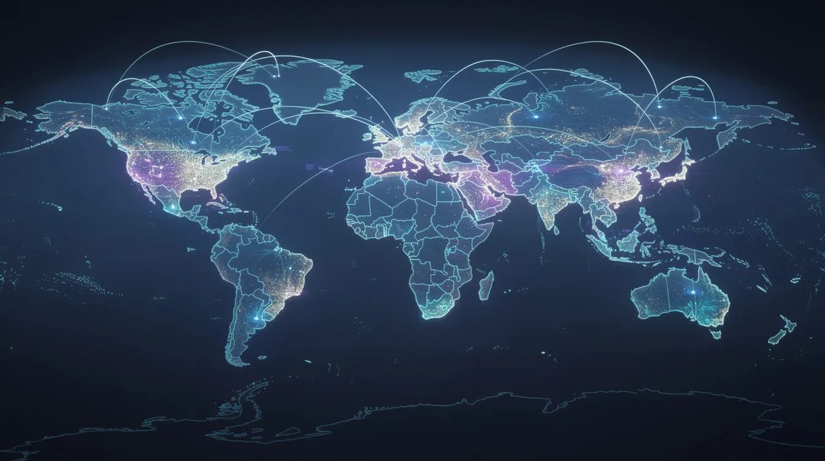Abstract visualization of a global information network with connected nodes spanning a world map
